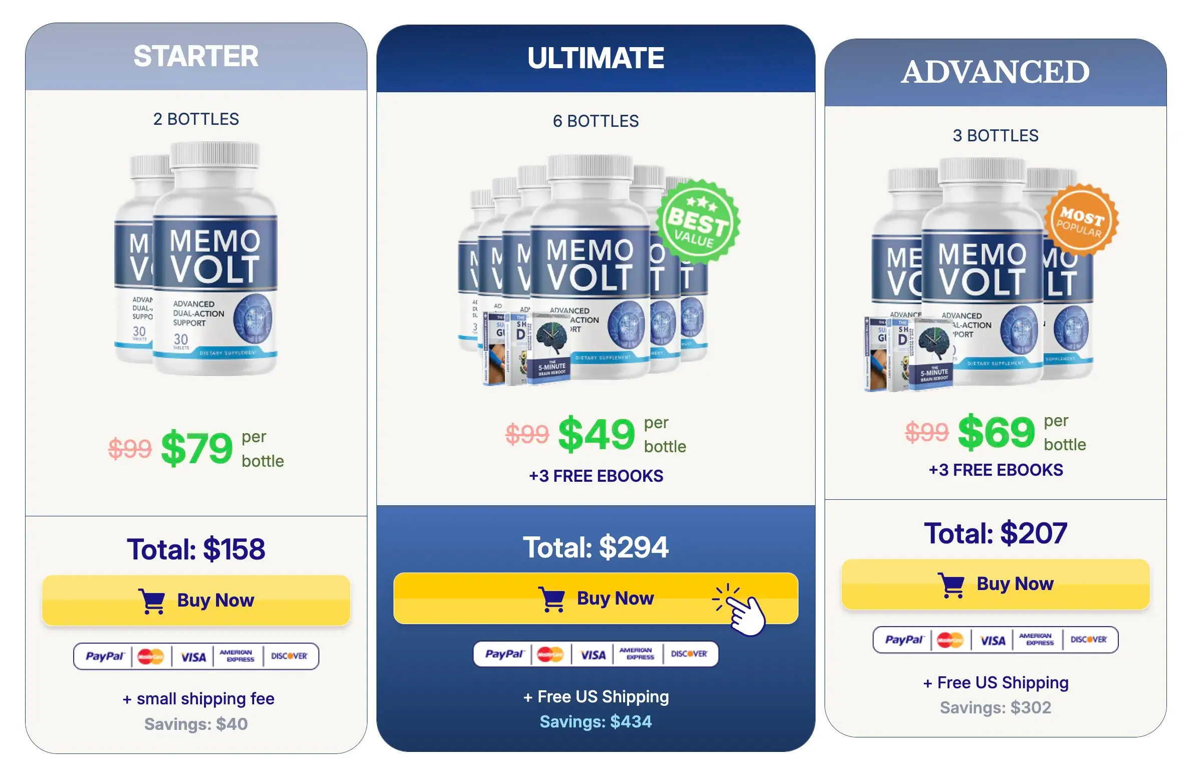 MemoVolt pricing packages — 2, 3, and 6-bottle options with free US shipping on select tiers